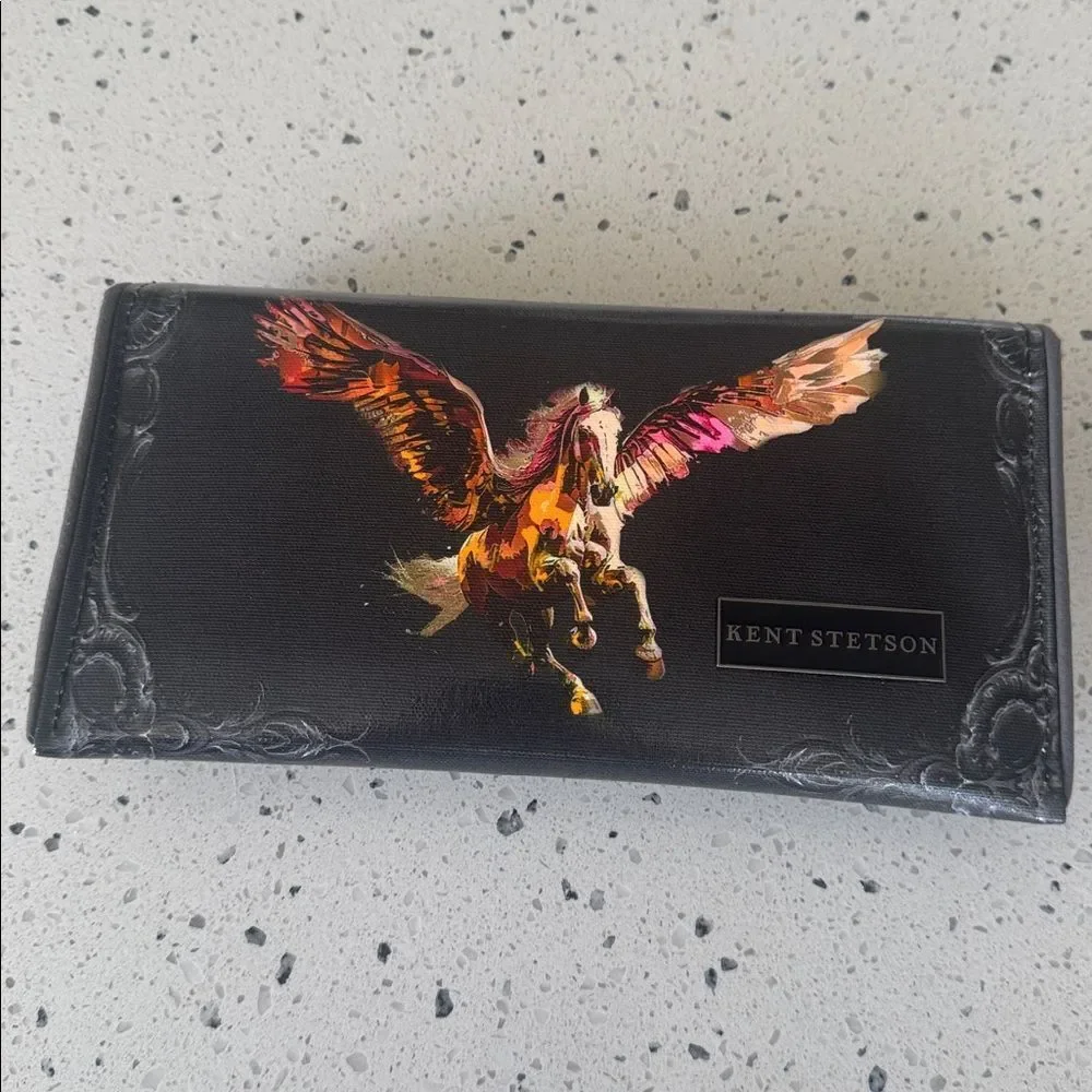 KENT STETSON Gray Coated Canvas Pegasus Print Art Clutch Handbag Handmade USA